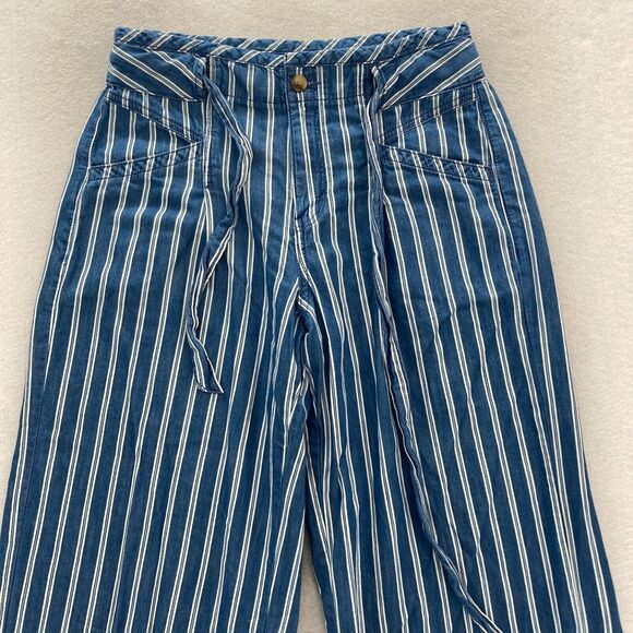 American Eagle Wide Leg Ankle Pants Women's 6 Blue White Striped Tie Waist Beach - Picture 2 of 13